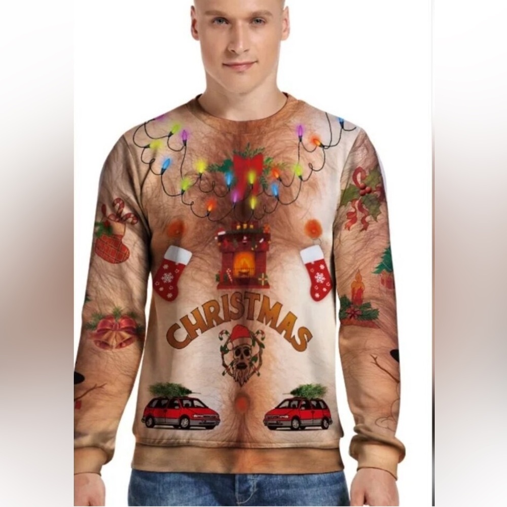 Hairy Chest Ugly Christmas Sweater  Skelly Santa Sweatshirt Skull Size XL